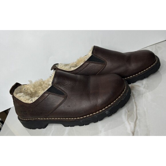 UGG Brown Leather Slip On Winter Shoes Men Sz 8 Fur Wool Shearling Lined 5141 main image 11